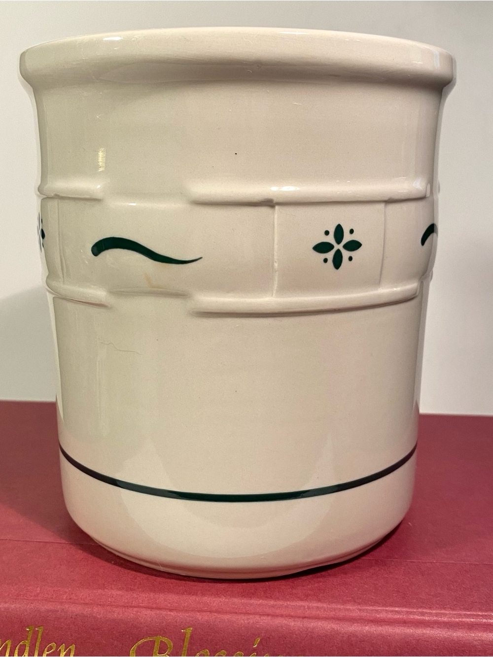 Vintage Collectible Longaberger crock - Cream with green accents - 7”